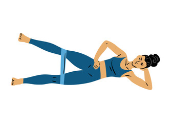 Flat vector illustration of a young woman lying on side and lifting leg with elastic resistance band. Glute and leg exercise. Isolated on white background