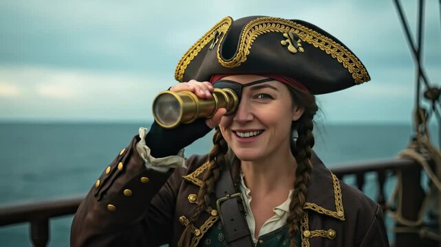 Woman Pirate Captain with Spyglass at Sea Portrait. International Talk Like a Pirate Day September 19