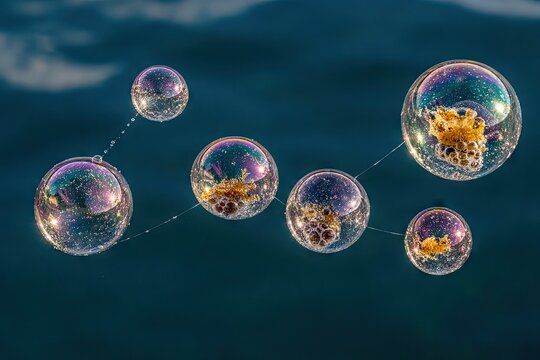 Multicolored soap bubbles connected, reflecting water - Powered by Adobe