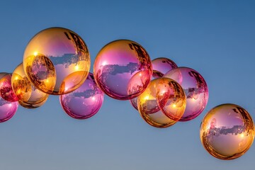 Colorful orbs float in a sky arc