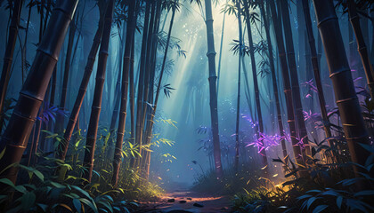 Misty morning light illuminates a green bamboo forest path with glowing autumn foliage