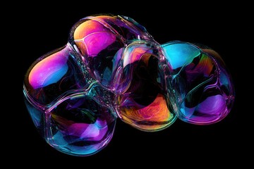 Abstract colorful soap bubble cluster against black background