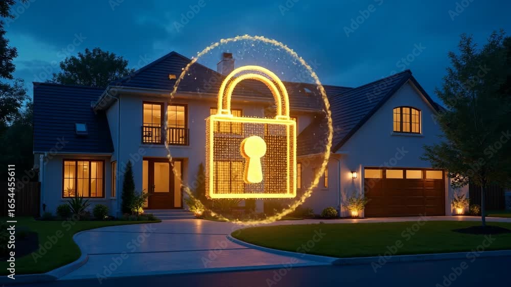 Poster modern home at night protected by smart security system. digital padlock icon glows with binary code