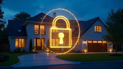 Modern home at night protected by smart security system. Digital padlock icon glows with binary code. Future tech secure house. Exterior view with lawn, garden lights. Residential building. - Powered by Adobe