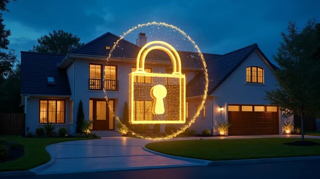 Modern home at night protected by smart security system. Digital padlock icon glows with binary code. Future tech secure house. Exterior view with lawn, garden lights. Residential building.