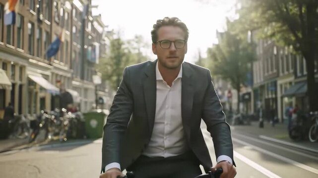 closeup on caucasian businessman in suit on bike at city streets during european mobility week. concept of urban commute, sustainable transport, professional urban lifestyle - Powered by Adobe