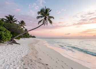 Naklejka premium Tropical beach with palm trees by the sea under a sunny sky perfect for vacation and travel