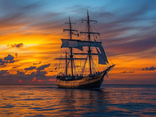 Fototapeta premium Sailing ship on a vibrant ocean at sunset