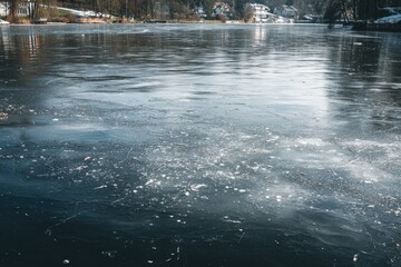 Frozen lake surface with scattered debris