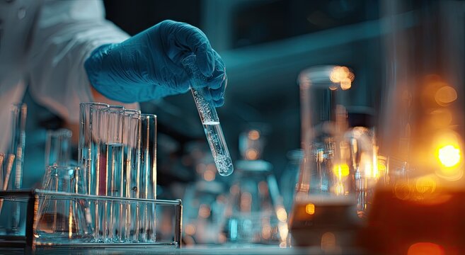 Close-up of scientist in lab coat, blue glove holding test tube.  Various lab equipment, test tubes, flasks, in a lit laboratory setting - Powered by Adobe