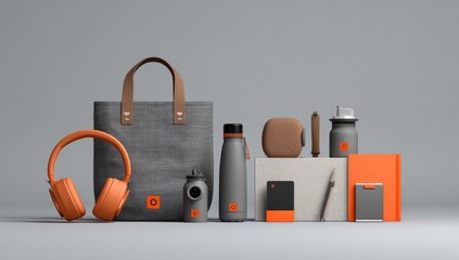 Modern, minimalist, corporate swag.  Gray canvas tote, orange accessories