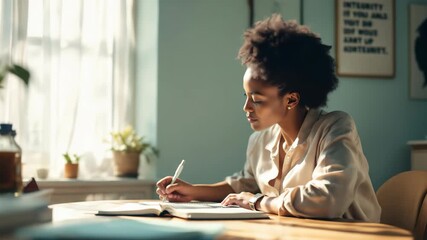 Concentrated young african american woman working or journaling at home bathed in sunlight