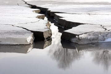 Cracked ice surface over water, reflecting trees