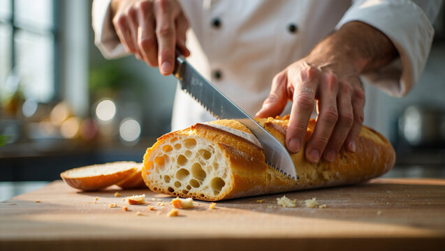 Professional close-up of slicing fresh crispy baguette on a wooden cutting board