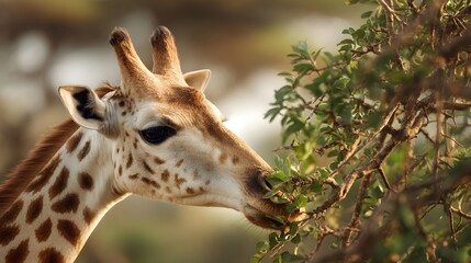 Obraz premium Close-up of a giraffe feeding on leaves in a lush green environment during golden hour