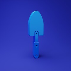 Blue Garden trowel spade or shovel icon isolated on blue background. Gardening tool. Tool for horticulture, agriculture, farming. Minimalism concept. 3D render illustration
