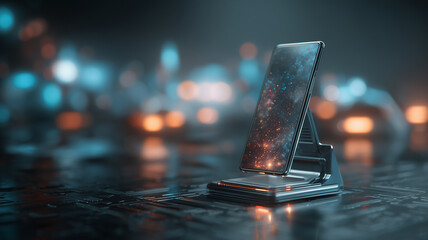 Smartphone displaying galaxy on stand