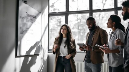 Diverse business team brainstorming on a whiteboard in a modern office space - Powered by Adobe