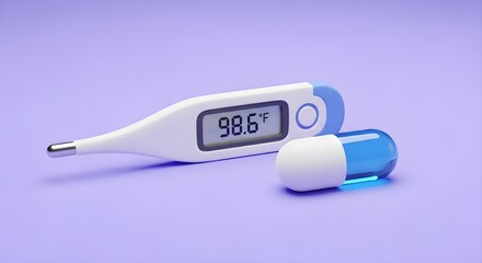 Digital thermometer displaying 98.6 degrees Fahrenheit next to a clear blue and white capsule on a soft purple background, symbolizing health and medication