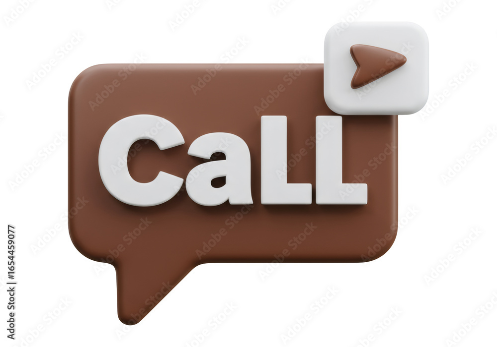 Poster brown 3d call icon with white text and play button on black background