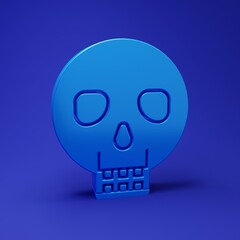 Blue Skull icon isolated on blue background. Happy Halloween party. Minimalism concept. 3D render illustration