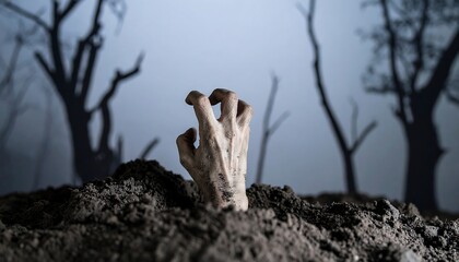 A hand emerging from a grave, against a backdrop of barren trees
