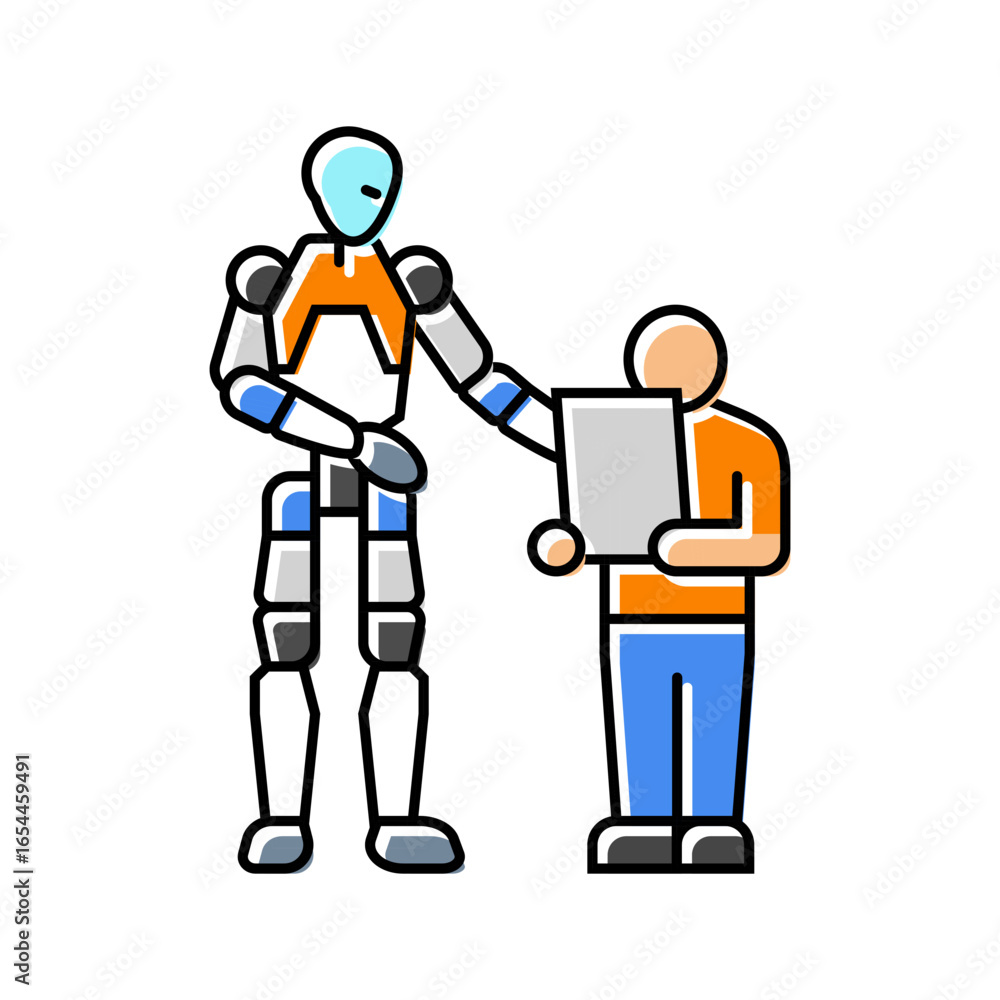 Poster robot child interaction social robotics color icon vector illustration