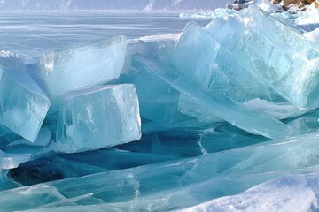 Frozen lake, azure ice blocks, sunlight