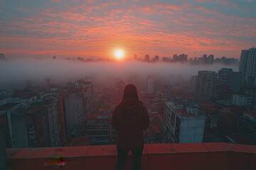 Woman Viewing City Skyline at Sunset