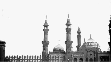Obraz premium A monochrome rendering of a mosque with multiple minarets against a bright sky in a middle eastern city | editable eps vectors silhouette