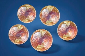 Five orbs, swirling, golden-red, on blue