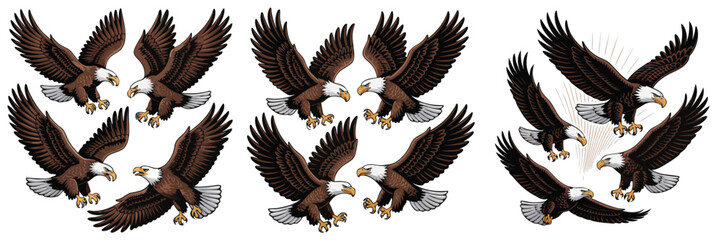 Obraz premium Digital Illustration of Multiple Bald Eagles with Brown Feathers and White Heads Soaring Together