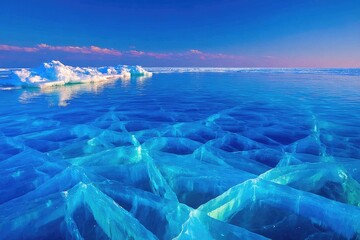 Frozen lake, vibrant blue ice shards, serene