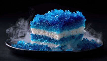 Vibrant blue, crystalline cake slice, layered with white, sits on a dark plate, surrounded by smoky vapor