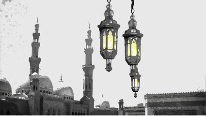 Fototapeta premium Illustration of hanging lanterns with mosque minarets in the background in grayscale style art | editable eps vectors silhouette