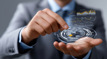 Innovative business professional showcasing digital analytics and data visualization in hands, representing modern technology and analysis