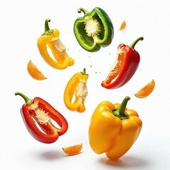 Red, yellow, green bell pepper slices, whole peppers in motion against white background. Fresh, vibrant vegetables captured mid-air, suggesting preparation for cooking healthy, organic meal. Juicy,