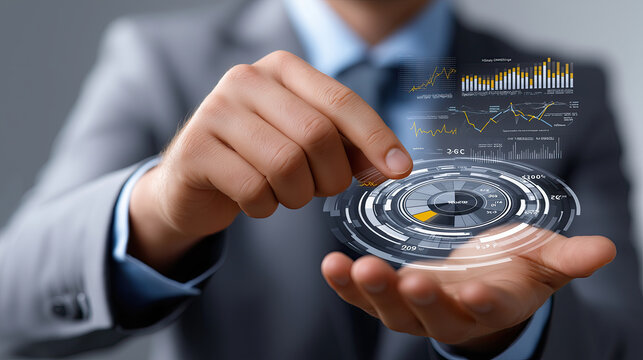 Innovative business professional showcasing digital analytics and data visualization in hands, representing modern technology and analysis - Powered by Adobe