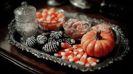 Halloween treats featu candy corn, spooky skeleton cookies and a small pumpkin are arranged on a silver tray, perfect for a 2-giga-standard v2-4x presentation.