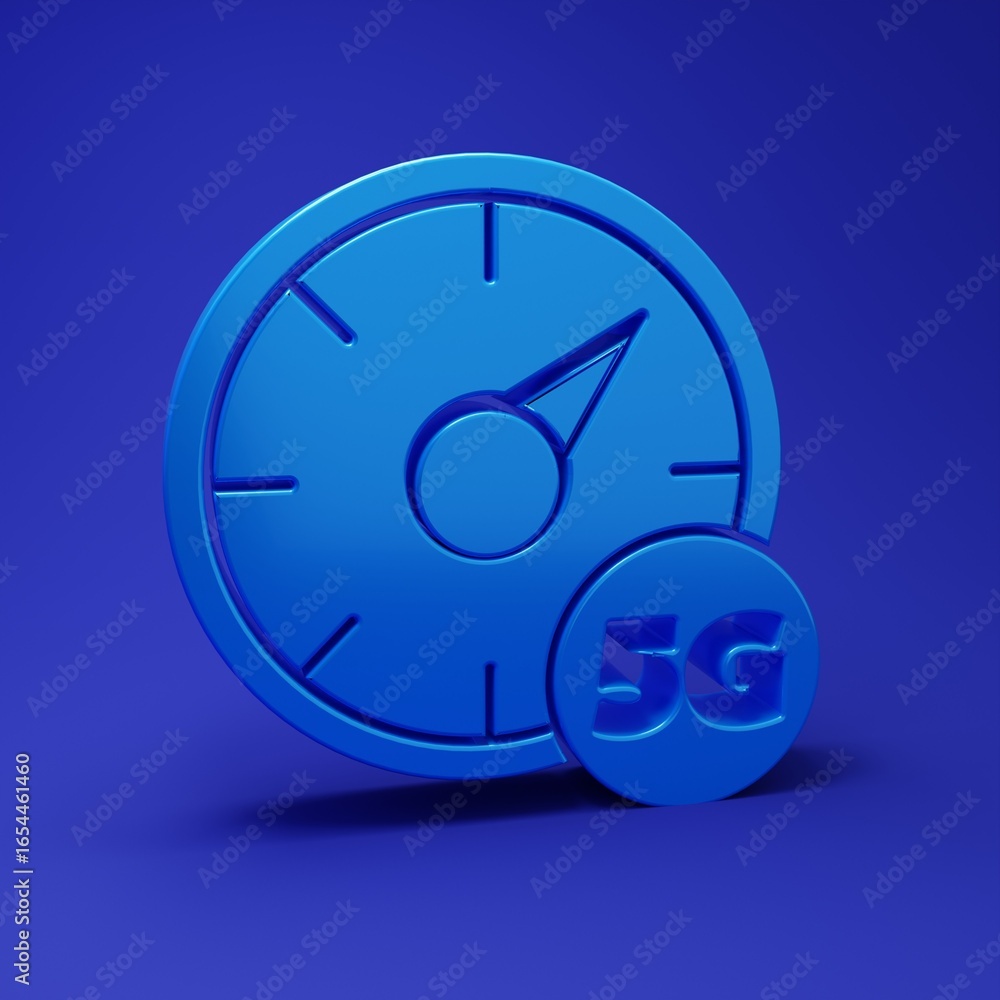 Poster blue digital speed meter concept with 5g icon isolated on blue background. global network high speed