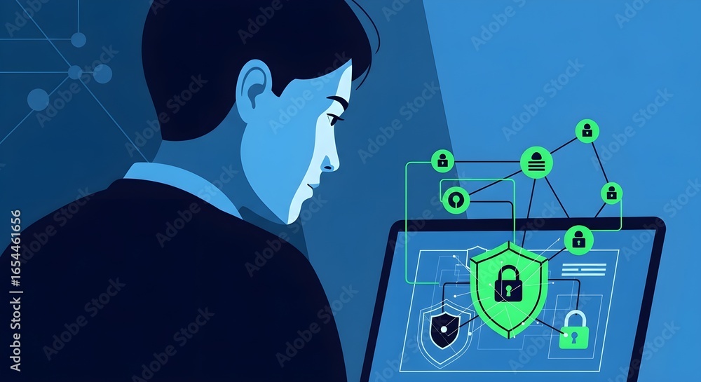 Aufkleber cybersecurity expert analyzing digital network security, protecting data with advanced encryption an
