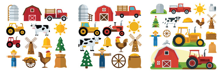 Farm Icon Set Barns, Tractors, Animals, Silos, Windmills, Sun, Scarecrow and More Flat Illustrations