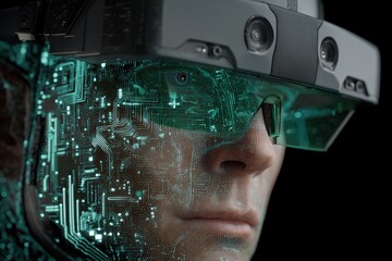 Close-up of futuristic head-mounted display with glowing circuit overlay