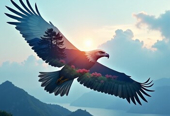 Obraz premium Double exposure of a majestic eagle flying in the blue sky, the silhouette is filled with a dreamy mountain landscape and blooming wild flowers