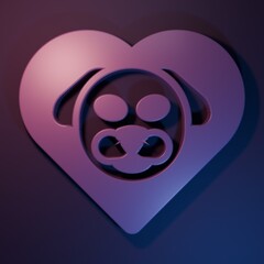 Fototapeta premium Purple Heart with dog icon isolated on purple-blue background. Pet paw in heart. Love to the animals. Minimalism concept. 3D render illustration