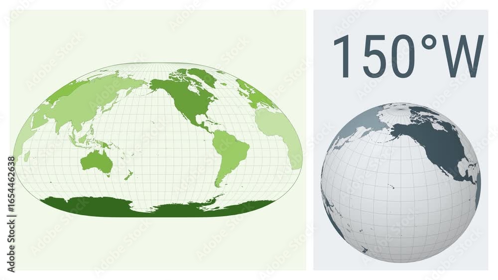 Poster World Map Animation. Loximuthal projection. Colored continents style. Animated world map in Loximuthal projection. Loopable animation showing longitude shift and matching globe.