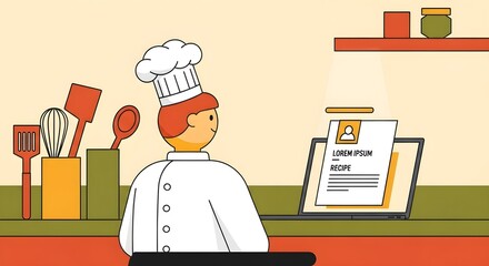 Creative chef planning culinary masterpiece using digital recipe on laptop with kitchen tools nearby for inspiration