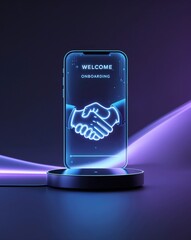 A smartphone displays a glowing handshake graphic with the words 'Welcome' and 'Onboarding.' The sleek design emphasizes the digital recruitment process in a professional setting