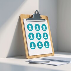 A clipboard displays several candidate profiles in an office environment. Natural light illuminates the setting, highlighting the importance of recruitment and hiring processes