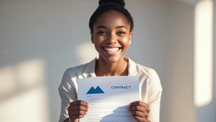 A joyful woman displays her signed contract in a modern office, celebrating her successful recruitment for a new job position. The atmosphere is positive and professional, highlighting achievement